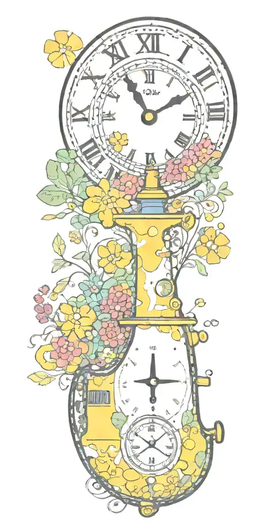 Yellow Submarine With Colorful Flowers And Clock And Rainbow