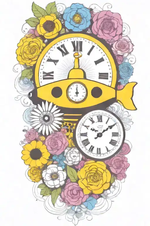 Yellow Submarine With Colorful Flowers And Clock And Rainbow
