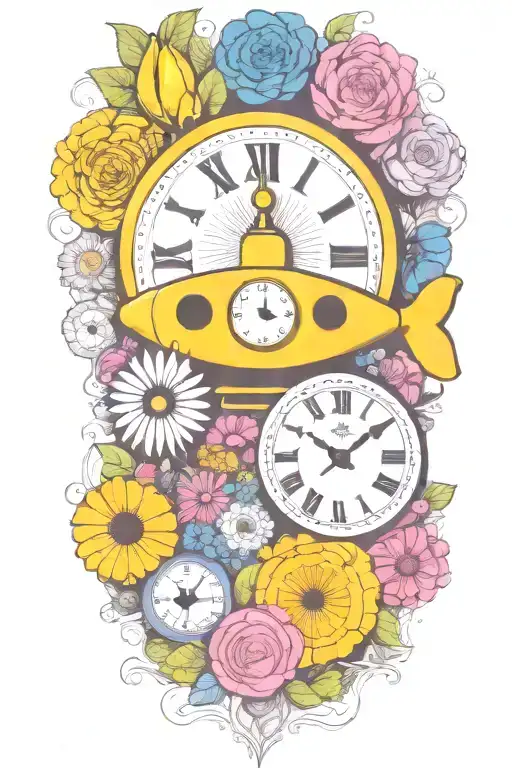 Yellow Submarine With Colorful Flowers And Clock And Rainbow