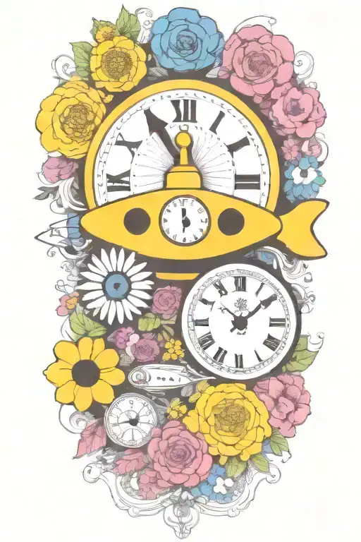 Yellow Submarine With Colorful Flowers And Clock And Rainbow