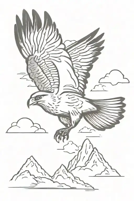 Flying Falcon Against The Background Of Snow-capped Mountains And Clouds
