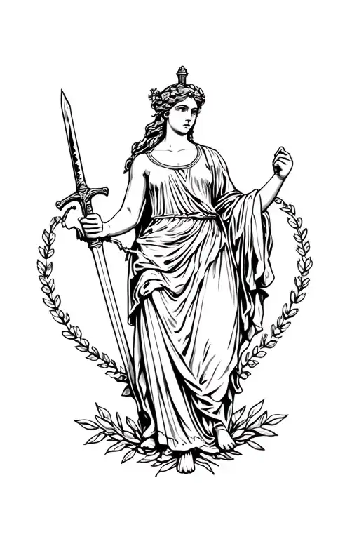 Full Body Roman Goddess Victoria Holding A Sword In One Hand And A Laurel Wreath In The Other