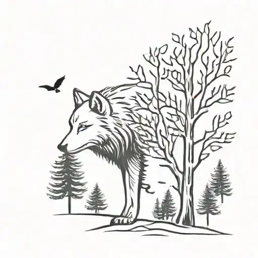 Tree With One Wolf On Each Side Profile