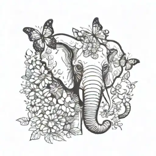 Elephant Face With Butterflies And Flowers Growing