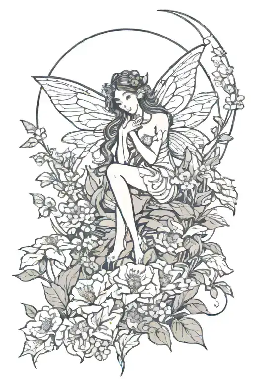 Fairy Surrounded Flowers And Moon