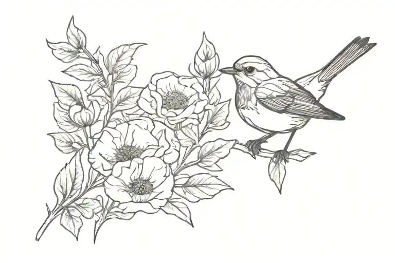 Robin Swallows Poppy Leaves Line Work