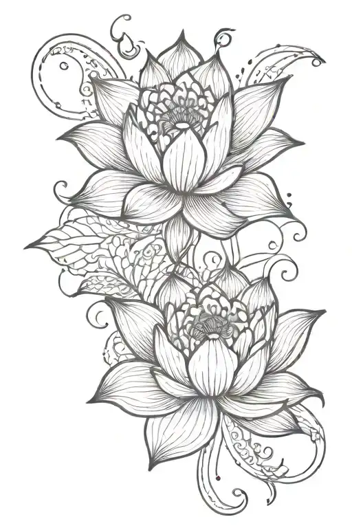 Fine Line Lotus Flower With Designs On Shoulder