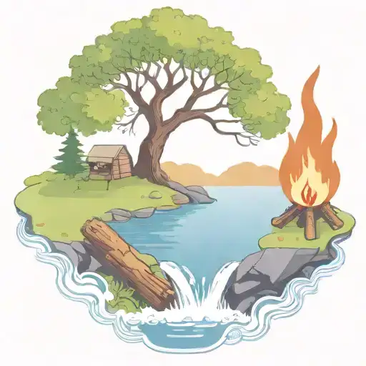A Rowan Berry Tree And A Campfire Beside A River Waterfalling Down The Front