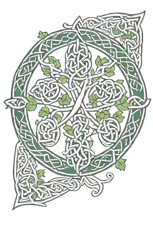 Celtic Trinity Knot Symbol Integrated In The Tree Of Life And Shamrocks