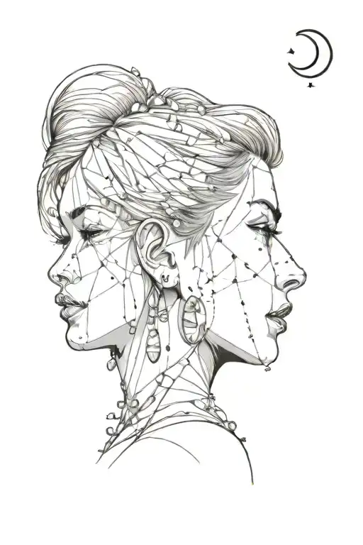 Side View Portrait With Crystals And Moon Around Her