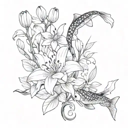 Fine Line And Delicate Flowers And One Lilly Flower As Well As Koi Fish