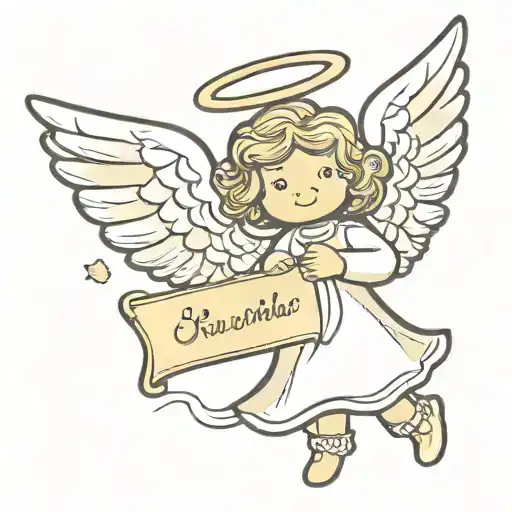 Angel Holding Banner With Cursive Writing