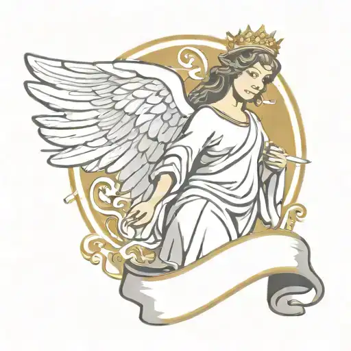 Regal Angel Holding Banner With Cursive Writing