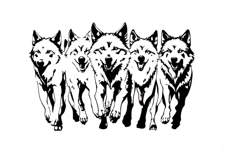 Black Silhouette Of Five Wolves Running