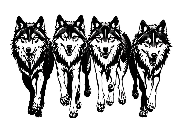 Black Silhouette Of Five Wolves Running