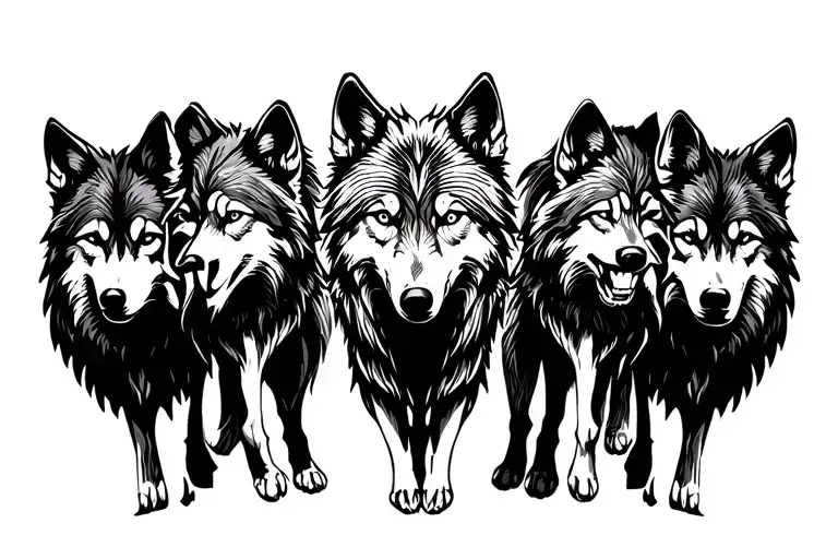 Black Silhouette Of Five Wolves Left To Right