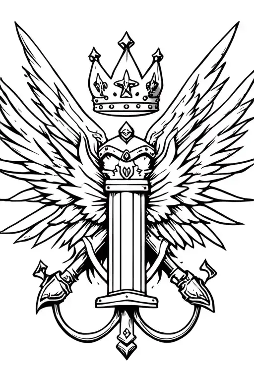 Holy Warrior Swork With A Crown Floating Above It And Wings Attached To The Handle On Either Side