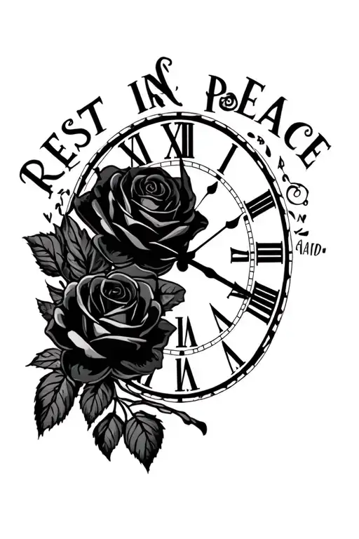 Rest In Peace Banner Grandma Written Inside With Black Roses And Roman Numeral Clock