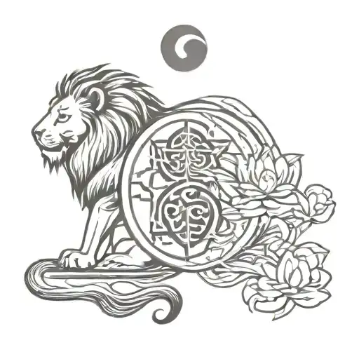 Lion Of Judah And Lotus Flower Within A Yin Yang Symbol