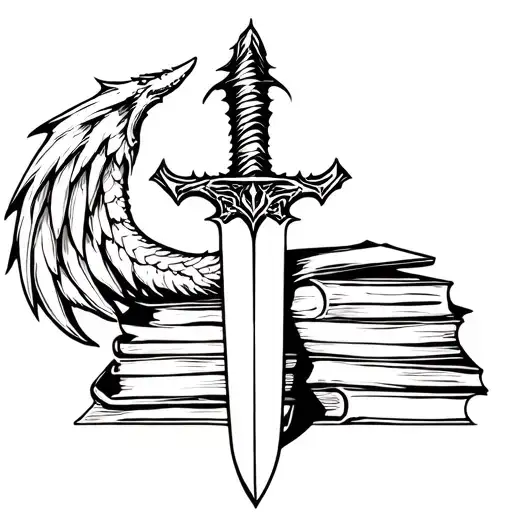 Sword Through Stack Of Books Dragon Wings Celestial