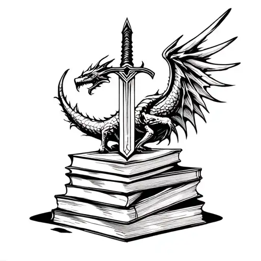 Sword Stabbing Through Stack Of Books Dragon Wings Celestial