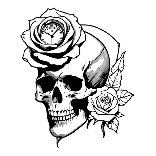 A Rose Under A Skull With An Open Mind And A Clock On Top