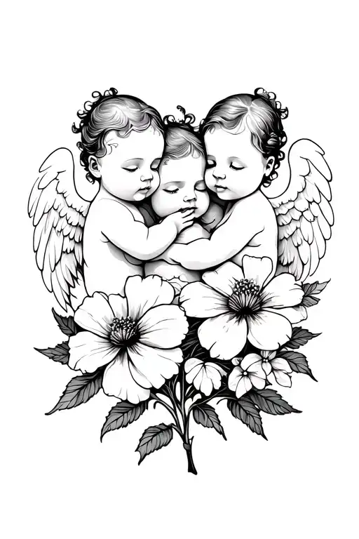 3 Baby Angels Hear No Speak No See And Flowers Blooming