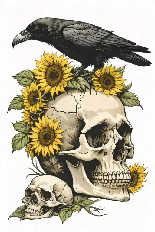Crow Sitting On Human Skull Surrounded By Sunflowers