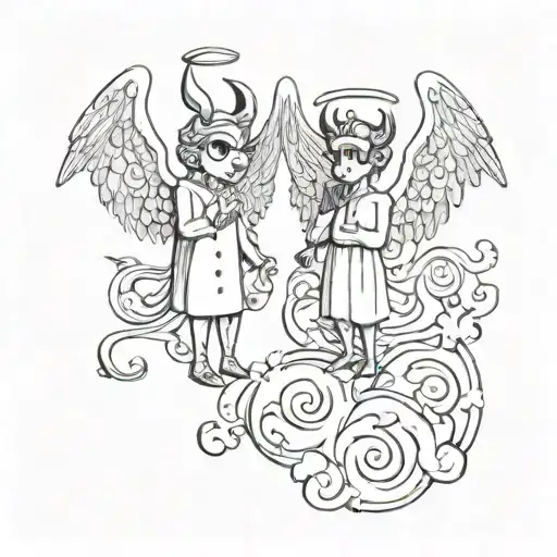A Whimsical Devil And Angel Looking At Eachother Mischievously From Heaven And Hell