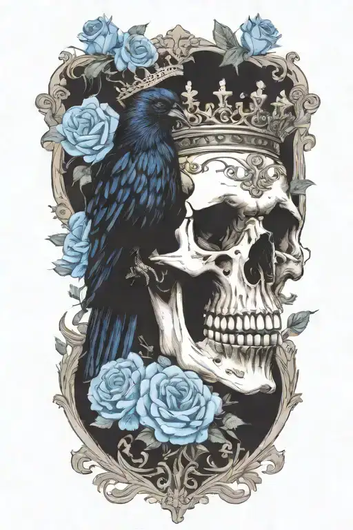 Skull Wearing Crown With Raven On And Blue Roses Intertwined