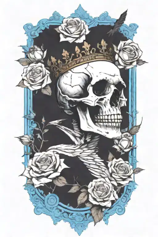 Skull Wearing Crown With Raven On Skull And Blue Roses
