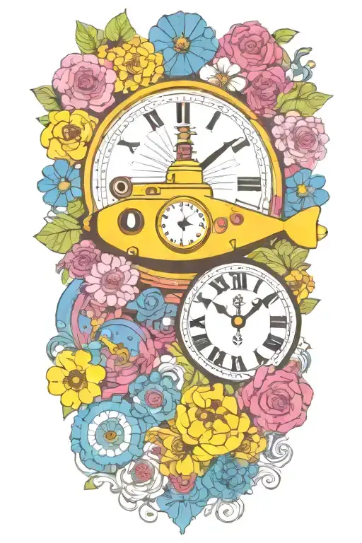 Yellow Submarine With Colorful Flowers And Clock And Rainbow