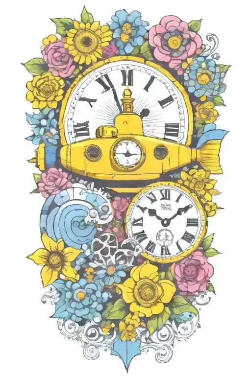 Yellow Submarine With Colorful Flowers And Clock And Rainbow