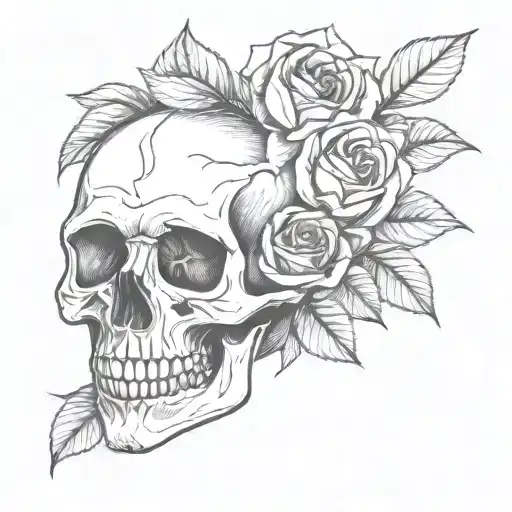 Fine Line Skull And Roses Simple