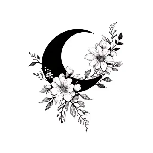 Crescent Moon With Mimosa Flowers Wrapping Around It In Black And White