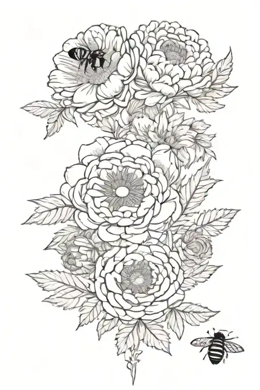 Rose Violet Chrysanthemum Poppy Aster Marigold Holly Flowers And Bumble Bee