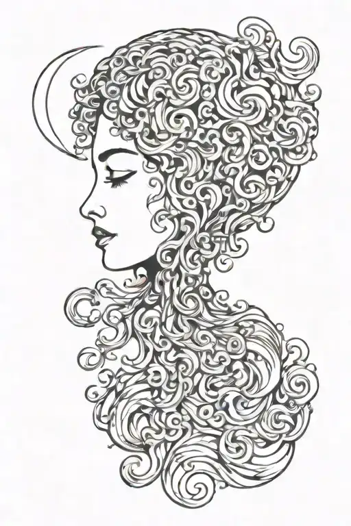 Crescent Moon With A Women With Curly Hair Melting Out Of It