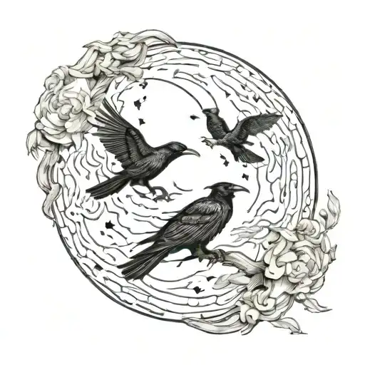 Ravens Circling Moon And Preying A Lone Wolf