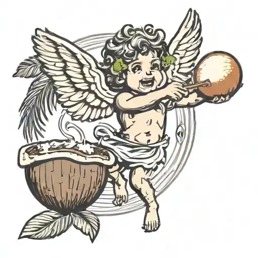 Cupid Flying While Drinking Coconut Cocktail