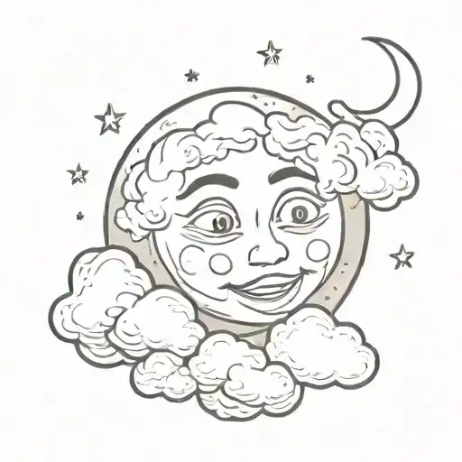 Moon Face Cartoon And Clouds