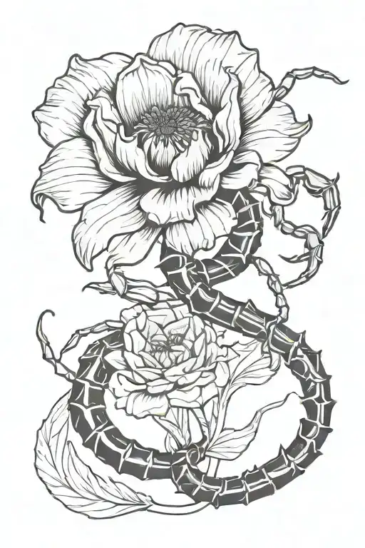 Scorpion And A Black Dahlia Flower Intertwined