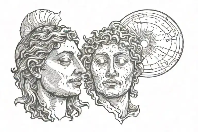 Head Of A Man With The Sun Behind And Head Of A Woman With The Moon Behind