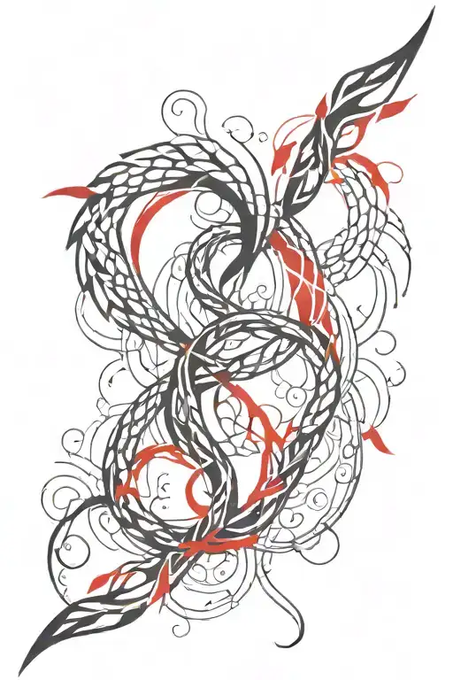 Spine Tattoo Design Combining Elements Intertwined Red Ink And Black Ink