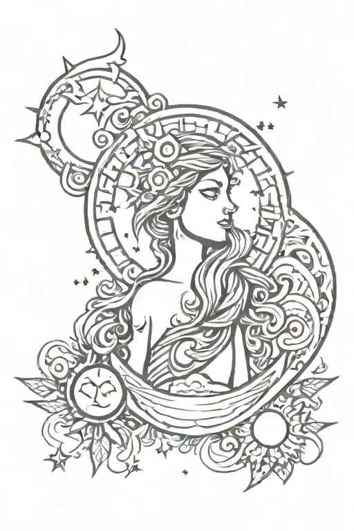 Virgo Tattoo With The Sun And Moon Rising And Stars Surrounding