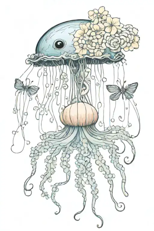 Jellyfish With Florals As Tentacles With Fish Showing Bones