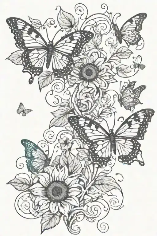 Sunflower Blooming Vine Intertwined Butterflies