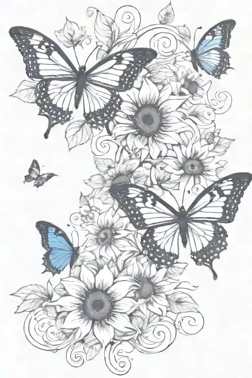 Sunflower Blooming Vine Intertwined Butterflies