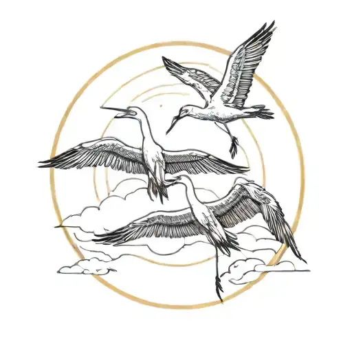 2 Cranes Flying Around Sun