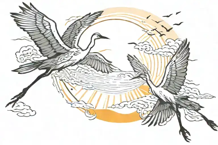 2 Cranes Flying In Sky Around Sun With Rays
