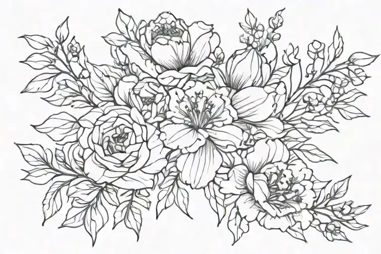 Birth Flower Bouquet Fine Line Outlining The Design